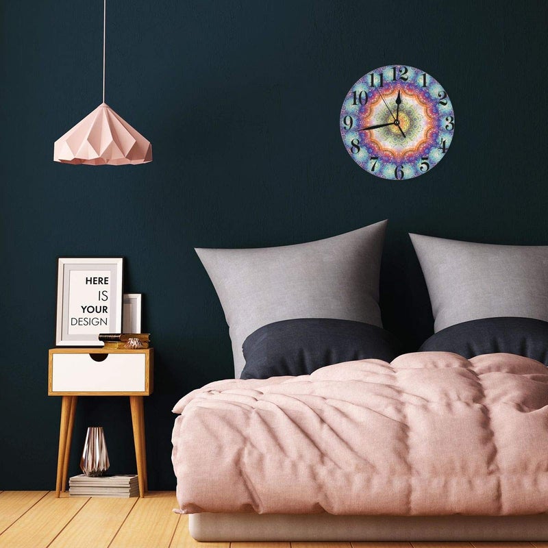 Abucaky Mandala Wall Clock Battery Operated Silent Non Ticking Round Clock Bohemian Peacock Feathers Wall Decor for Home, Office, School 9.8 Inch - Image 4